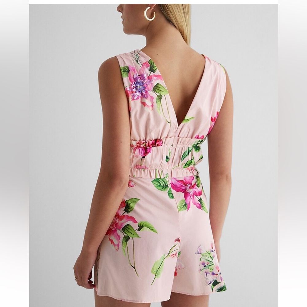 Express Floral V-Neck Embellished Pleated Ruffle Romper - Picture 2 of 10